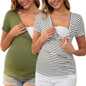 2 Pack Wrap V Neck Breastfeeding Stretch Maternity T-Shirt Army Green&Striped